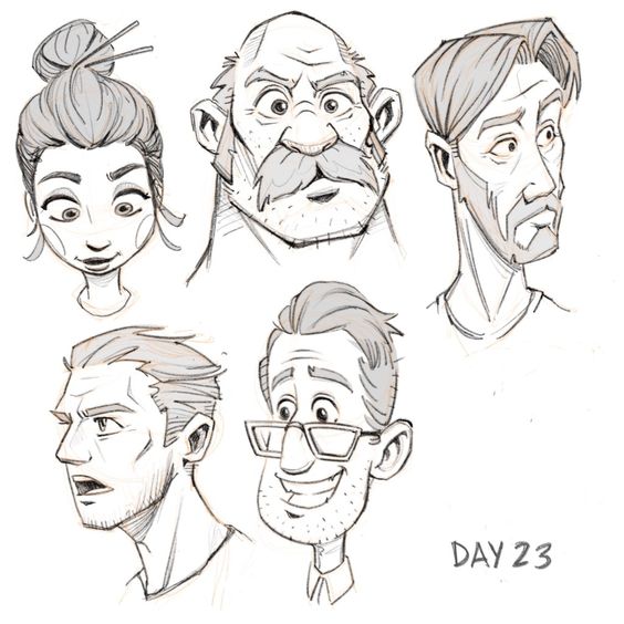 Sketches of five diverse cartoon characters showcasing different expressions. Drawing practice labeled 'Day 23'.