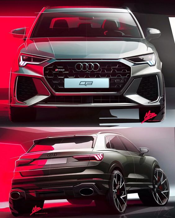 Audi Q3 SUV concept art showcasing front and rear views with sleek, modern design elements on a vibrant background.