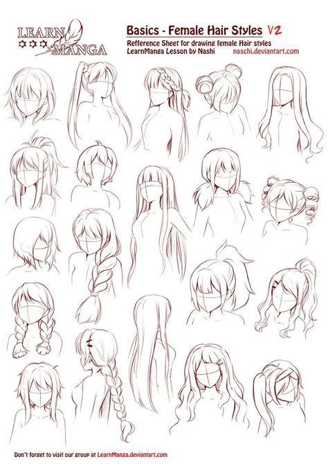 Reference sheet with various female hairstyles for drawing manga, including braids, buns, ponytails, and loose hair.