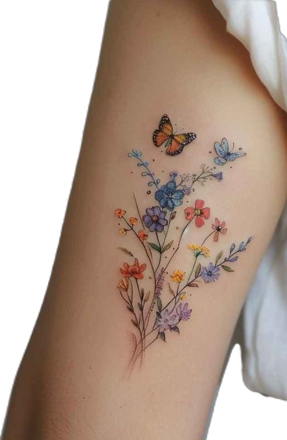 Colorful floral and butterfly tattoo on the arm, featuring intricate flowers and vibrant butterflies.