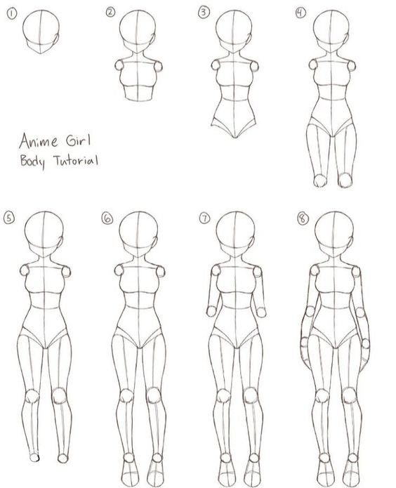 Step-by-step anime girl body drawing tutorial, illustrating progression from basic shapes to detailed form.