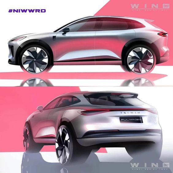 Sleek silver electric SUV concept design by Fulwin with futuristic aesthetics and aerodynamic lines against a pink background.