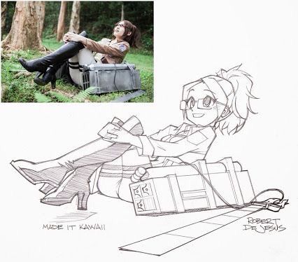 Person relaxing outdoors and their illustrated anime version, both sitting on a crate, artwork by Robert DeJesus.