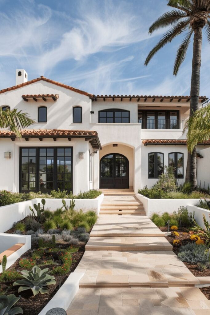 Stunning Spanish-style home with terracotta roof, lush landscaping, palm trees, and arched doorway against a blue sky.