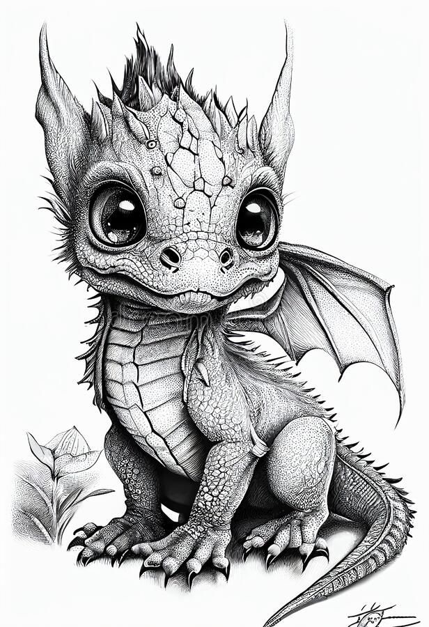 Cute baby dragon illustration with big eyes and detailed scales, sitting next to a flower. Black and white sketch.