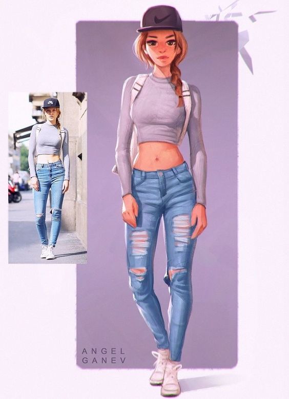 Stylish girl in ripped jeans, crop top, and cap adorned with braid. Art by Angel Ganev. Fashion and streetwear illustration.