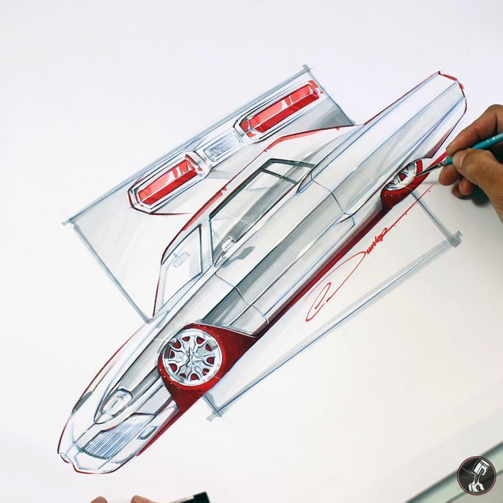 Hand-drawn car design concept sketch showing side and rear views with artistic detailing and vibrant red accents.