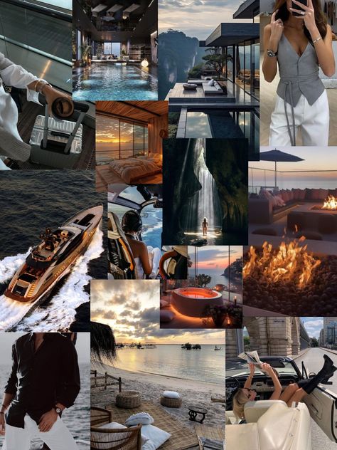 Luxurious lifestyle collage featuring yachts, exotic locations, waterfall, cozy interiors, sunset views, and elegant fashion.