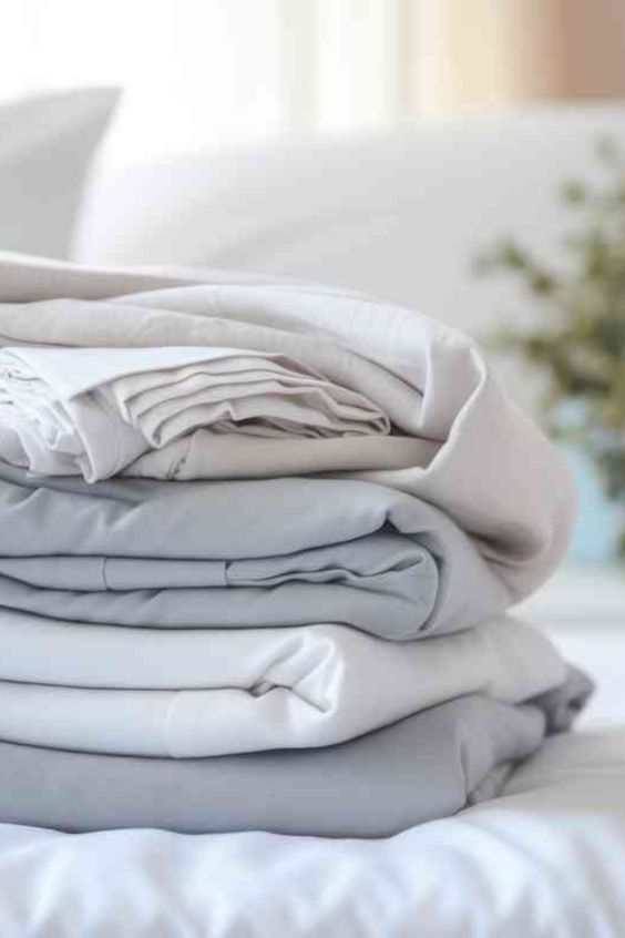 Stack of neatly folded bed sheets in grey and white tones placed on a bed with soft, natural lighting in the background.