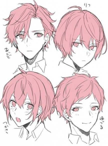 Four anime characters with pink hair in different styles and facial expressions, all drawn in sketch form.