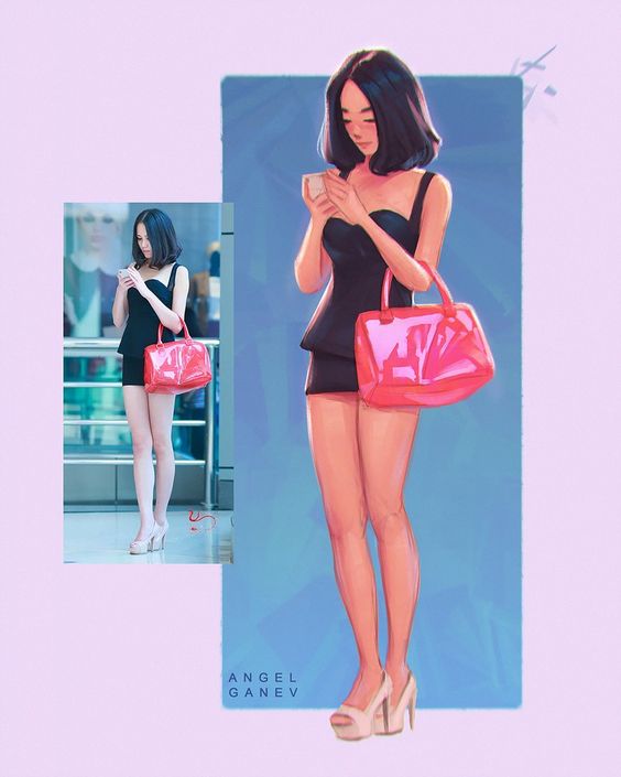 Illustration of a stylish woman in black dress holding a red handbag, based on a real photo where she checks her phone.