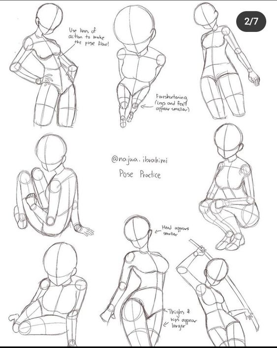 Sketches of mannequin figures in various poses for pose practice exercises, with annotations and tips for improving figure drawing.