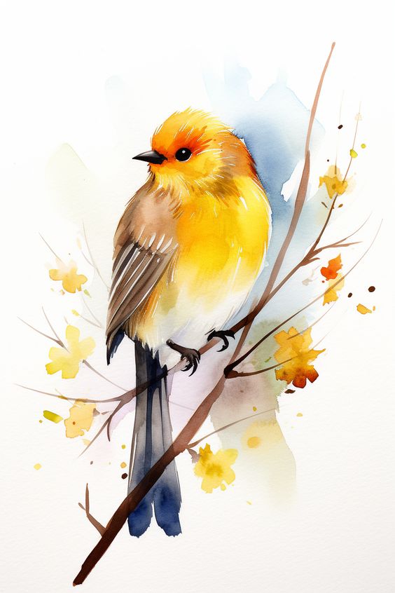 Watercolor painting of a vibrant yellow bird perched on a branch with flowers, blending natural beauty and artistic elegance.