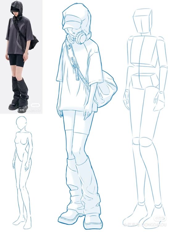 A fashion sketch of a person in a hooded outfit with headphones and a crossbody bag, alongside the original photo and anatomical guidelines.