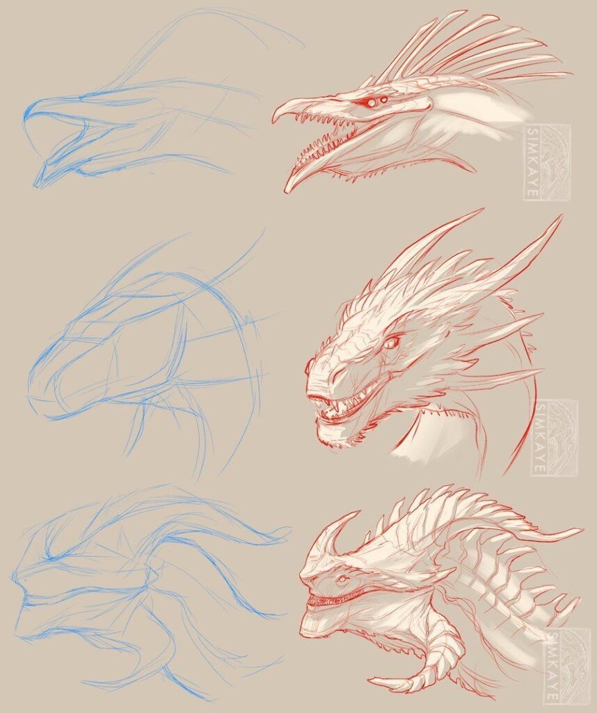 Detailed dragon head sketches, showcasing stages from initial blue line art to finished red designs with textures and features.