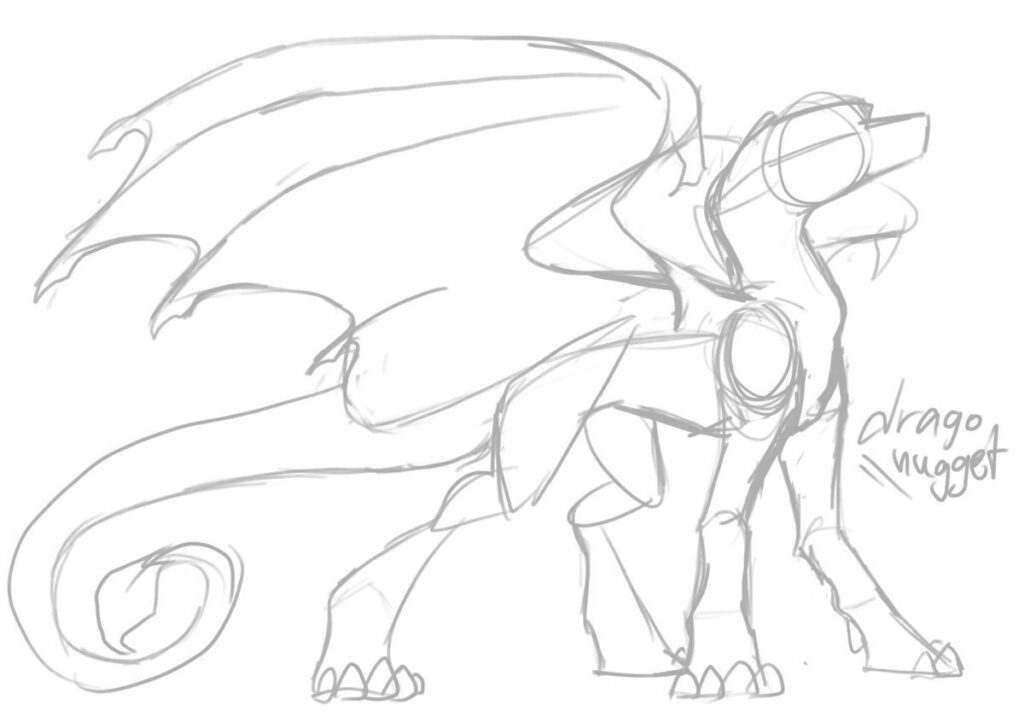 Rough sketch of a dragon with large wings and a long tail, drawn in simple pencil lines. Marked drago nugget.