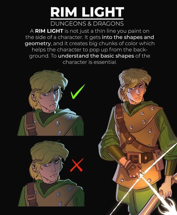 Illustration tutorial for Dungeons & Dragons showing correct and incorrect use of rim light to enhance character shape.