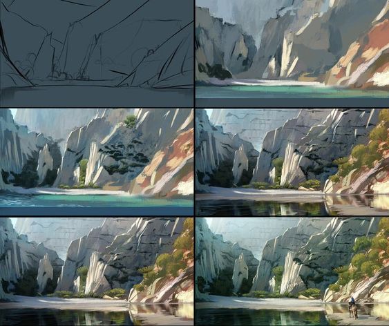 Illustration of mountain landscape progression from sketch to detailed painting with a lake, rocky cliffs, and two explorers.