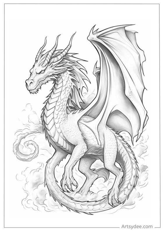 Black and white dragon illustration with large wings and detailed scales, surrounded by clouds, showcasing fantasy art.