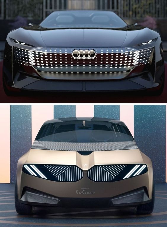 Futuristic electric concept cars with sleek LED headlight designs by Audi and BMW, showcasing innovative automotive technology.