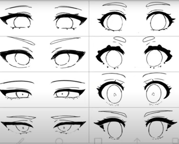 Illustrated guide on how to draw anime eyes in various styles, showing different shapes and expressions step-by-step.