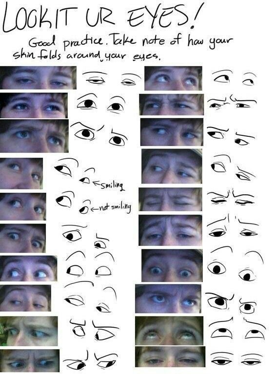 Collection of human eye expressions with corresponding sketches to analyze skin folds around the eyes for practice.