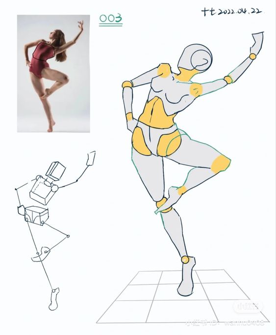 Dance pose inspiration sketch: A dancer in a red outfit next to a detailed digital illustration for artistic reference.