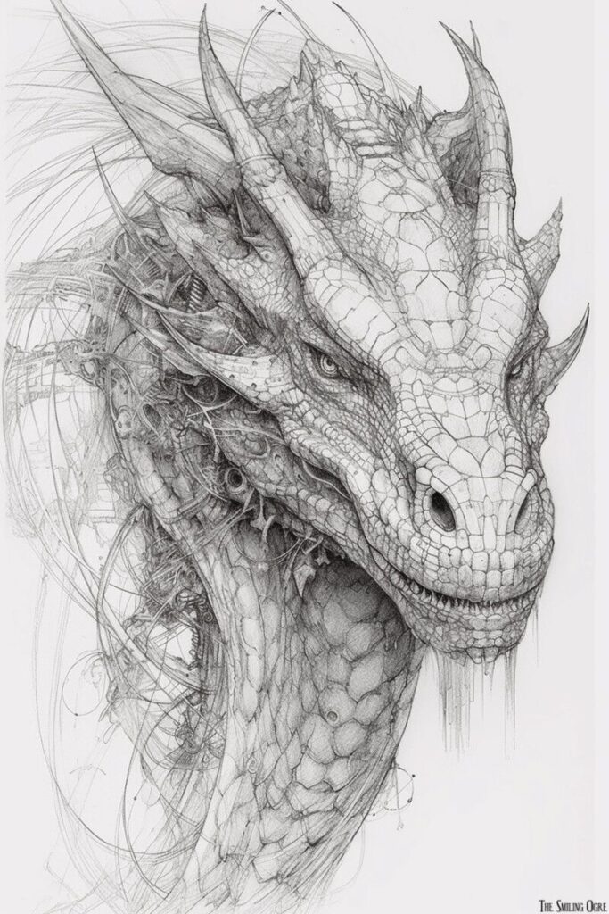 Detailed pencil sketch of a dragon's head with intricate scales and mechanical elements, blending fantasy and steampunk styles.