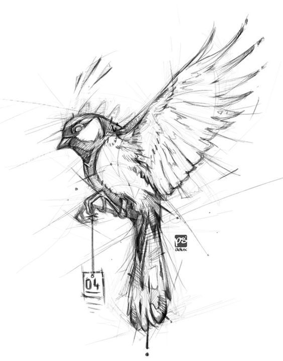 Sketch of a bird in flight holding a calendar page, with bold lines and intricate details. Art by psdelux.