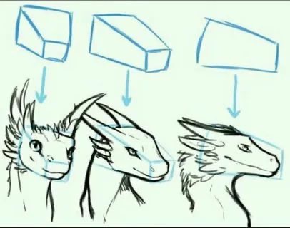 Sketch of dragon heads transforming from geometric shapes, illustrating the drawing process step-by-step.