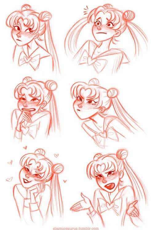 Red sketches of an animated character showing various facial expressions, including happiness, surprise, confusion, and love.