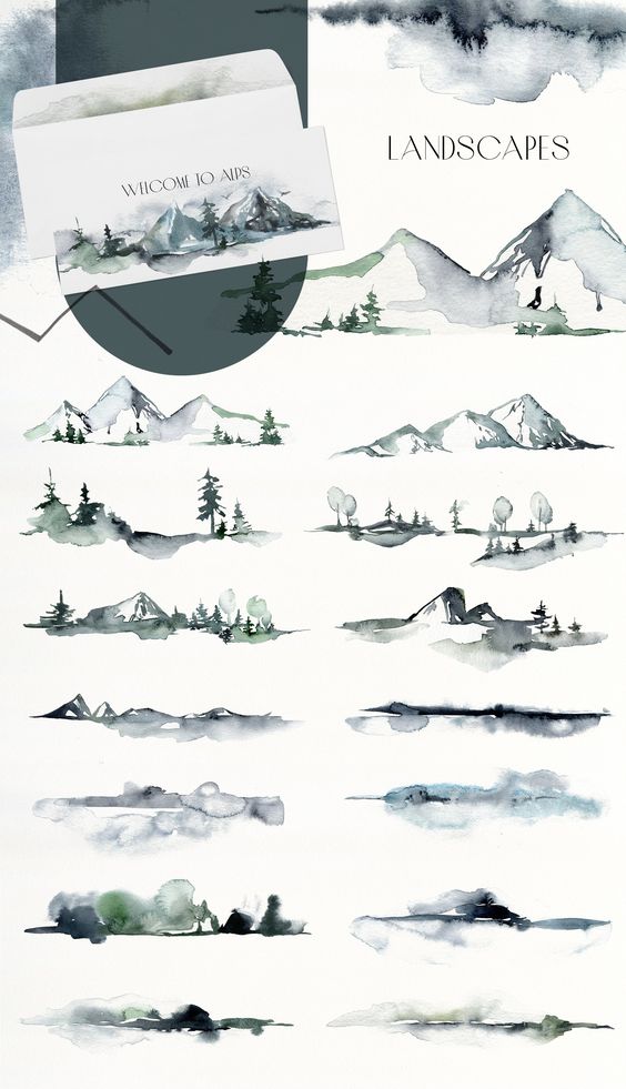 Watercolor illustrations of mountains and landscapes with text Welcome to Alps and Landscapes.