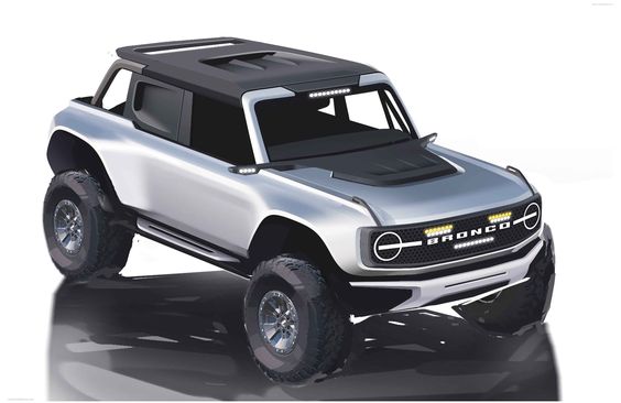 Concept design of a rugged off-road SUV with lifted suspension and large tires, featuring modern Bronco branding.