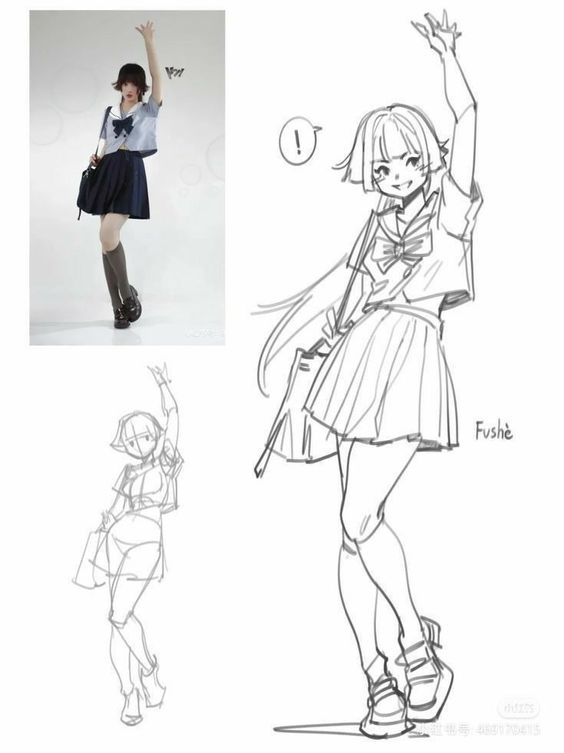 Anime character sketch and girl in school uniform. Inspiration source for character design. Art by Fushë.