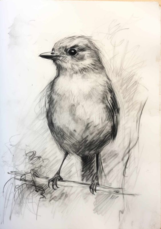 Charcoal sketch of a small bird perched on a twig, showcasing fine feather details against a lightly shaded background.