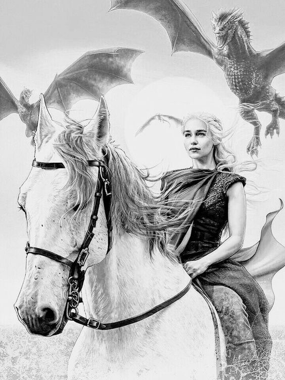 Fantasy drawing of a woman on a horse with dragons flying in the background, detailed grayscale artwork.