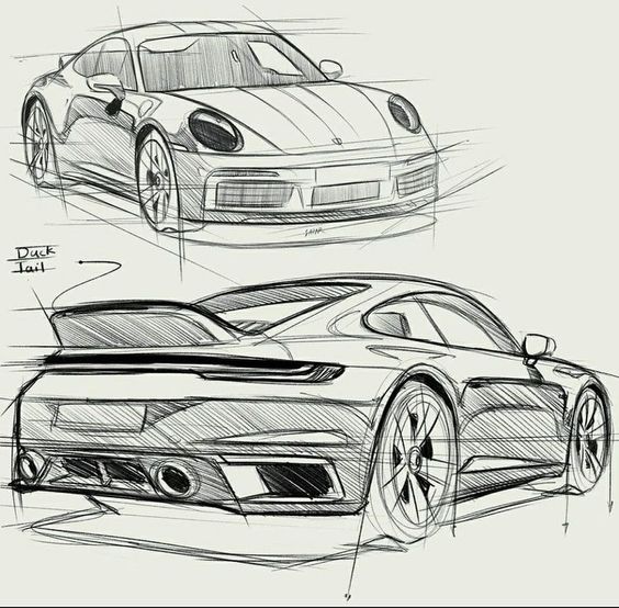 Sketches of a sports car, front and rear views, showcasing detailed design lines and a ducktail spoiler.