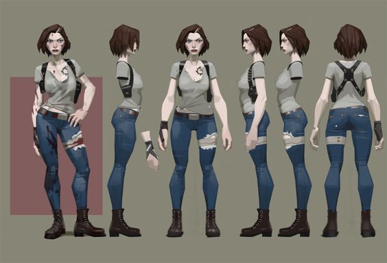 3D character model in various poses, wearing ripped jeans, gray shirt, and boots, showcasing design details for animation.