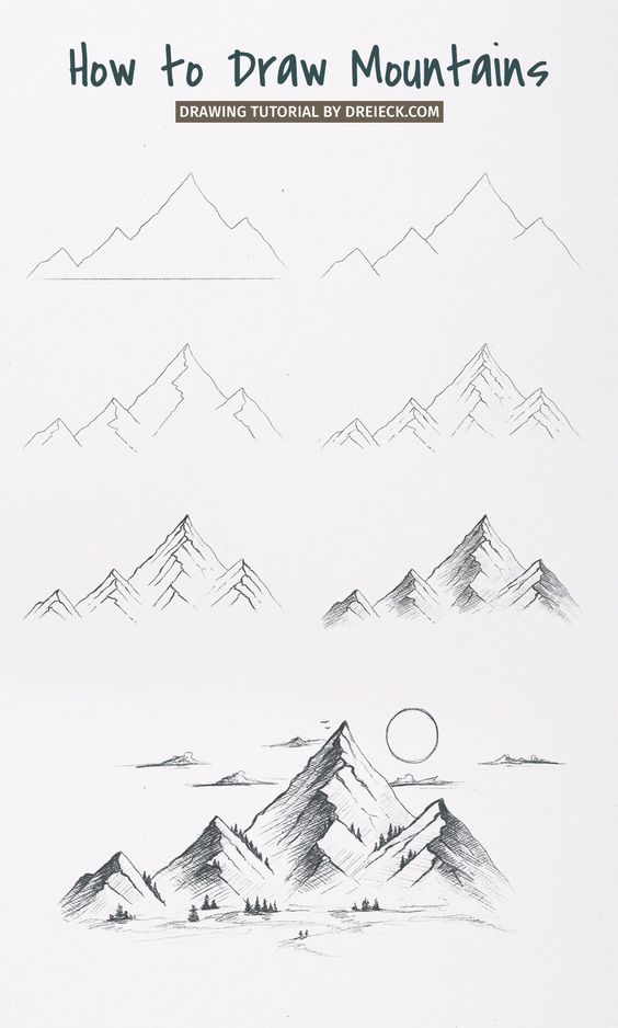 Step-by-step tutorial on how to draw mountains, detailing each stage of the sketching process, from outline to shading.