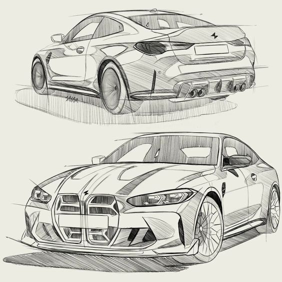 Detailed pencil sketches of a sleek luxury car from front and rear views, showcasing the sporty design and aggressive styling.