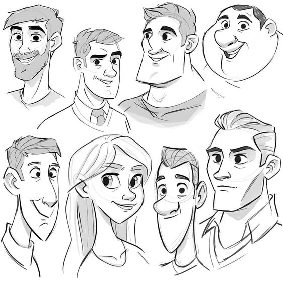 Hand-drawn character sketches of nine diverse cartoon faces with various expressions, showcasing unique styles and features.