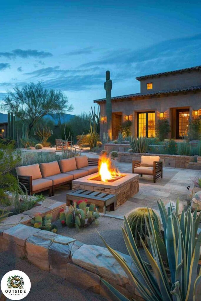 Cozy desert backyard with fire pit, modern furniture, lush cacti, and stunning southwestern home at dusk.