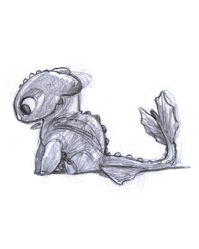 Hand-drawn sketch of a cute dragon with large eyes and a swooping tail, sitting and looking to the side.