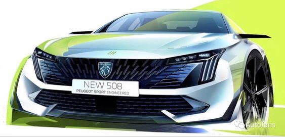 Peugeot Sport Engineered New 508 - Front view of sleek, futuristic green, and silver car with modern design.