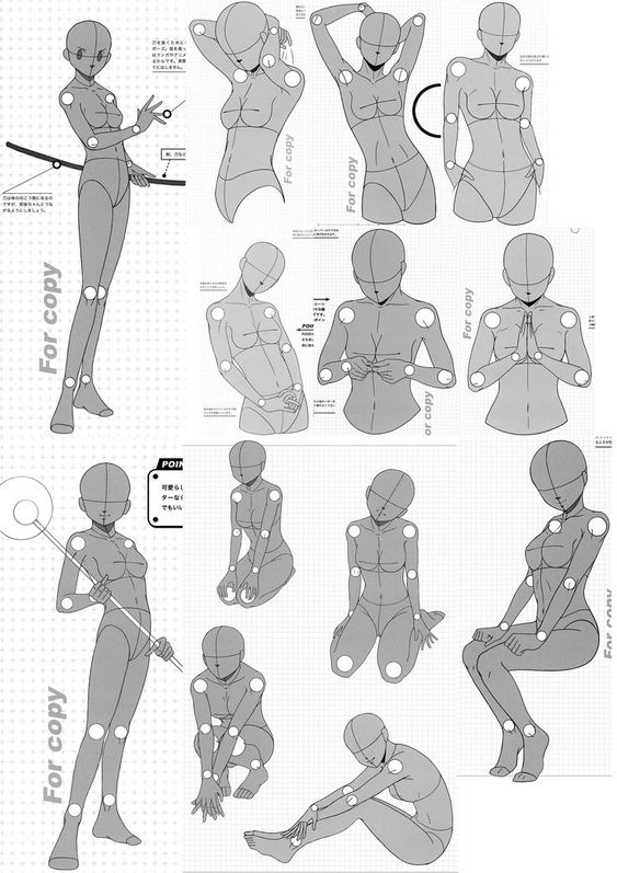 This image depicts various poses of a human figure, ideal for artists as drawing references or anatomy studies.