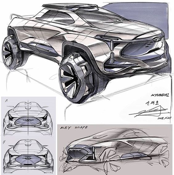 Concept sketches of a futuristic Hyundai SUV with bold design lines, large wheels, and innovative headlights.