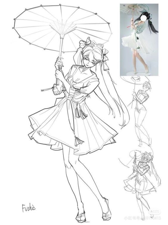 Anime girl sketch holding umbrella, inspired by photo reference, detailed lines, elegant pose, flowing dress.