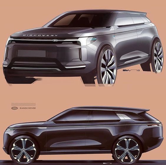 Concept designs of Land Rover Discovery and Range Rover SUVs showcasing sleek and futuristic styling elements.