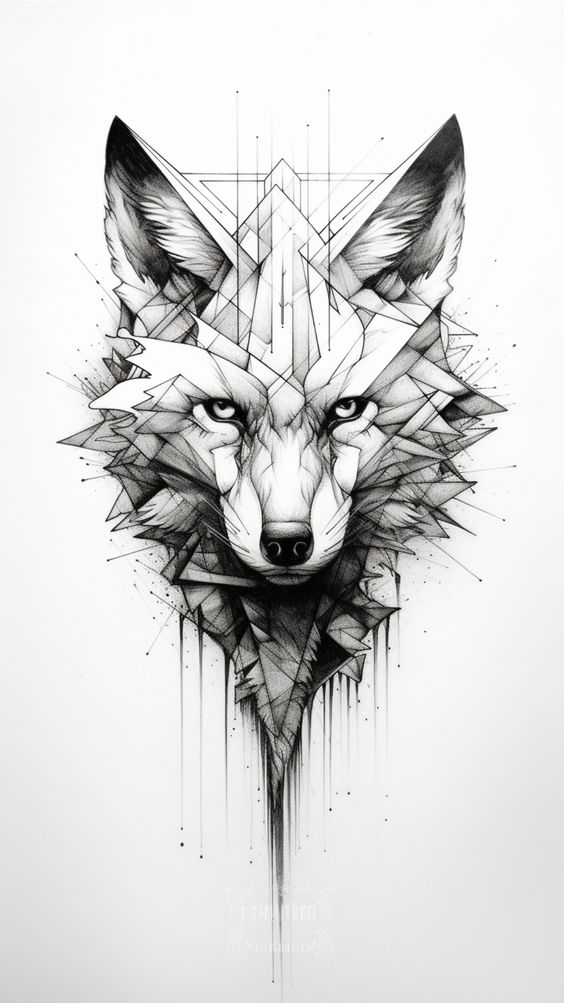 Geometric wolf tattoo design with intricate lines and shades, showcasing modern and abstract animal artwork.