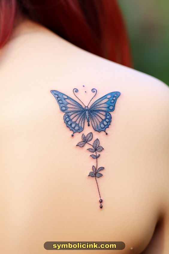 Delicate butterfly tattoo with flowers on the back, showcasing intricate details and soft colors.